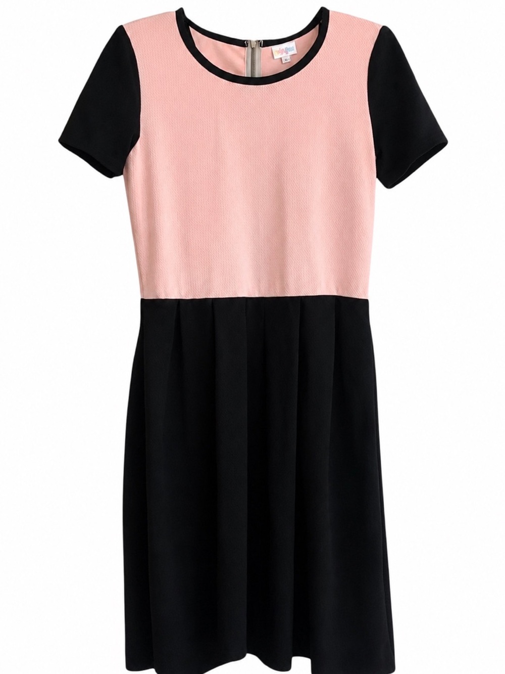 LuLaRoe Amelia Dress L Pink Black Colorblock Fit Flare Pockets Career Church